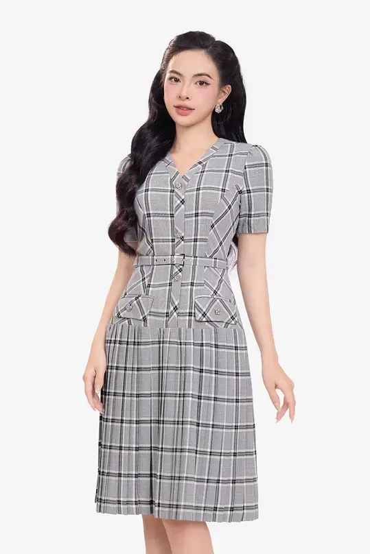 Đầm caro hạ eo xếp ly kèm thắt lưng
