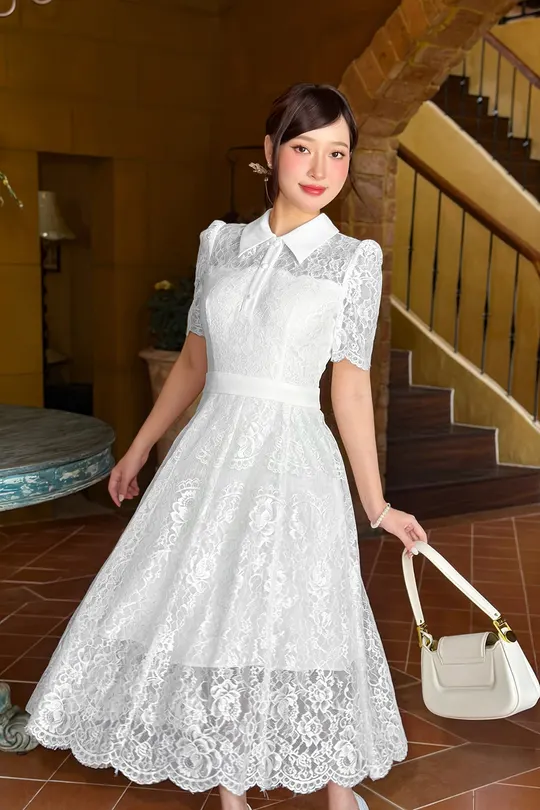 Đầm ren trắng cổ sơ mi dáng xòe