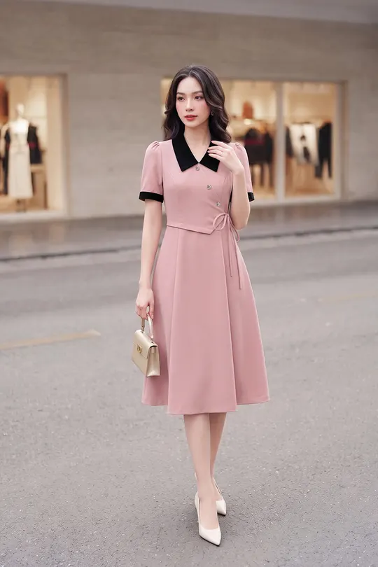 Đầm xòe công sở màu hồng phối đen